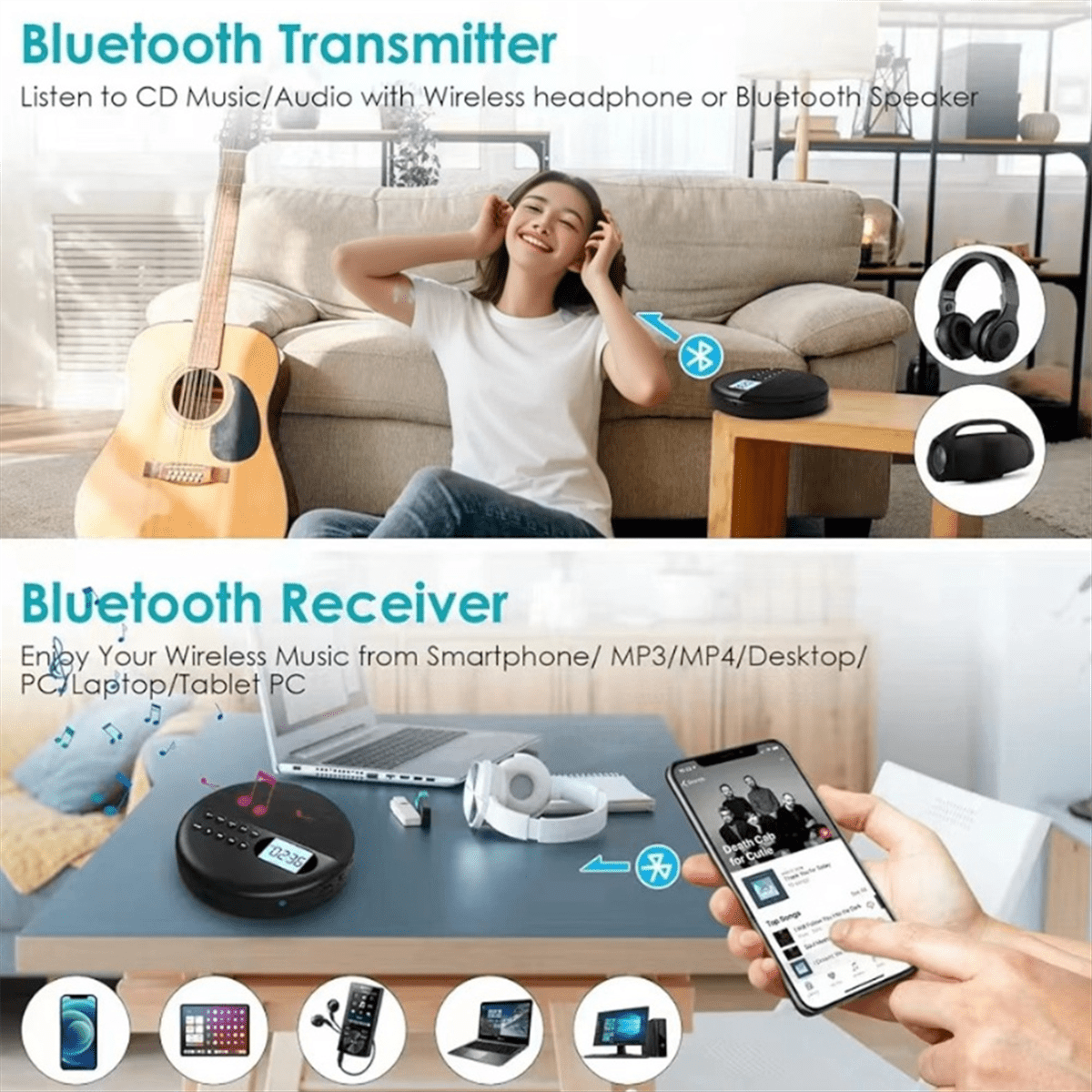 Portable CD Player and MP3 Player with Anti Skip Protection and Dual Stereo Speaker, Adjust Bluetooth Player