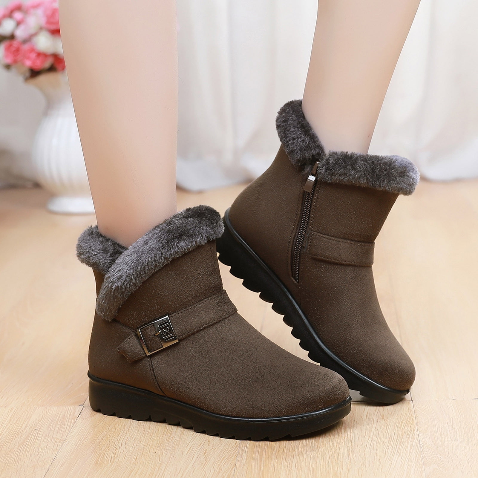 VERUGU Women's Hiking Boot, Snow Boots Winter Flat Shoes Slip On Ankle Booties Anti-Slip Water Resistant Fully Fur Lined Outdoor Sneakers Warm Cotton Shoes