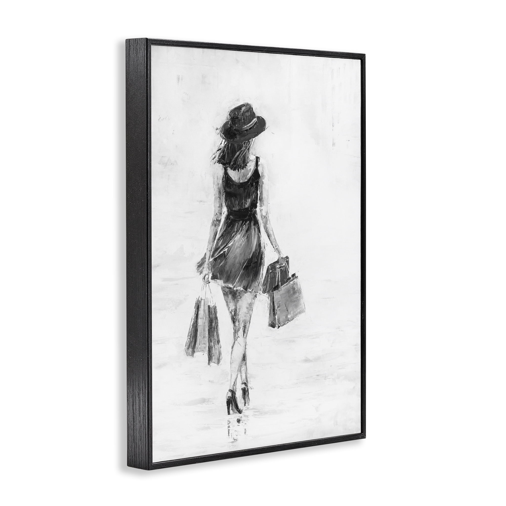 Stupell Industries Girl with Shopping Bags Novelty Painting Black Framed Art Print Wall Art, 16 x 24