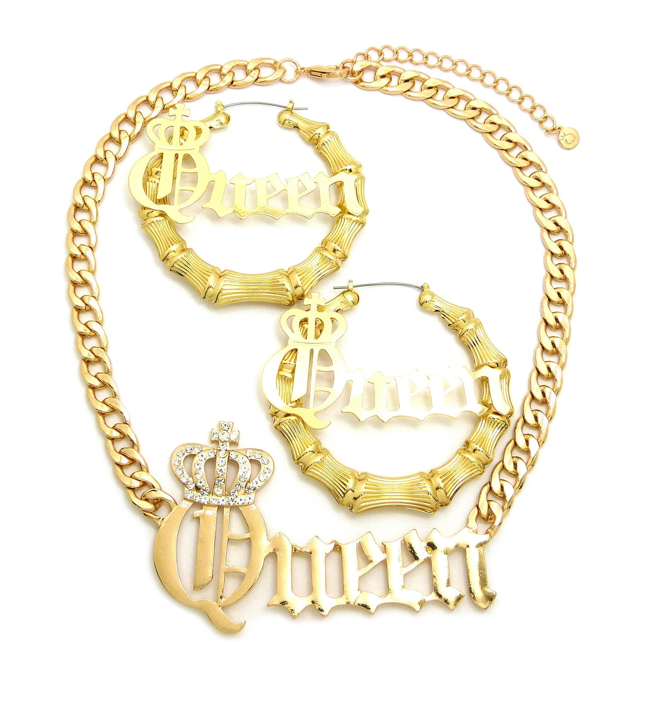 Stone Stud Crowned Queen Pendant Chain Necklace with Bamboo Hoop ...