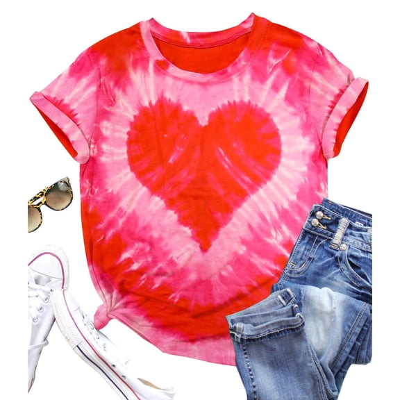 Shadoumai Valentine's Day Heart Print Short Sleeve T-Shirt for Women Plus Size Casual Comfortable Tee