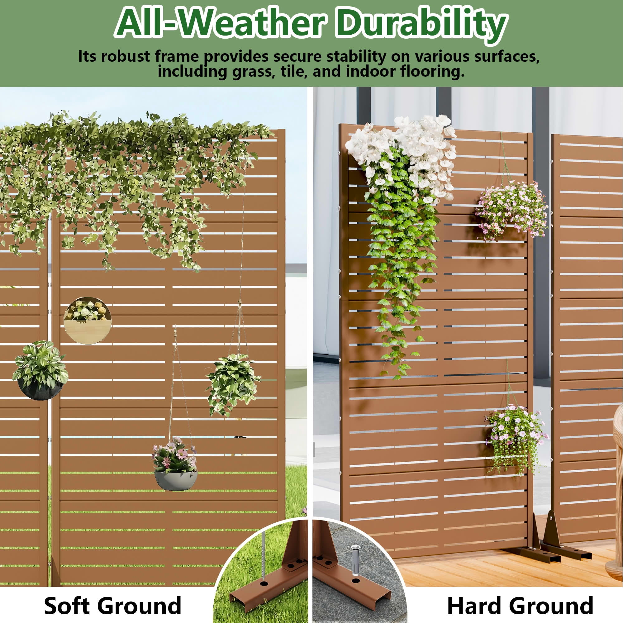 MAYEERTY 2-Piece Outdoor Metal Privacy Screen - 5ft Brown, 5-Panel Classic Louvered Design, Easy Install for Apartment Balcony