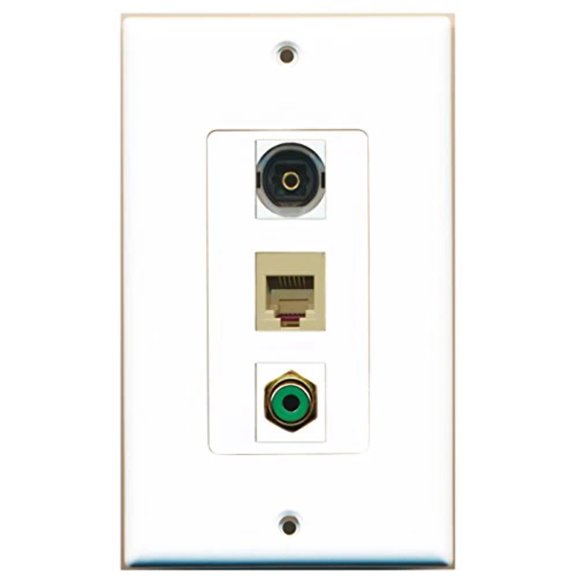 RiteAV - 1 Port RCA Green and 1 Port Phone RJ11 RJ12 Beige and 1 Port Toslink Decorative Wall Plate Decorative