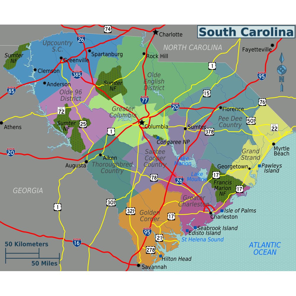 Large regions map of South Carolina state Poster 20 x 3020 Inch By 30 Inch Laminated Poster