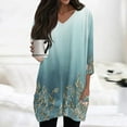 thumbnail image 2 of WTOBBY Women's Fashion Casual Retro Floral Print V-Neck Mid-Length Tunic Tops with Pockets, 3/4 Sleeve Blouses, Comfortable and Functional Shirt,Cyan M, 2 of 5
