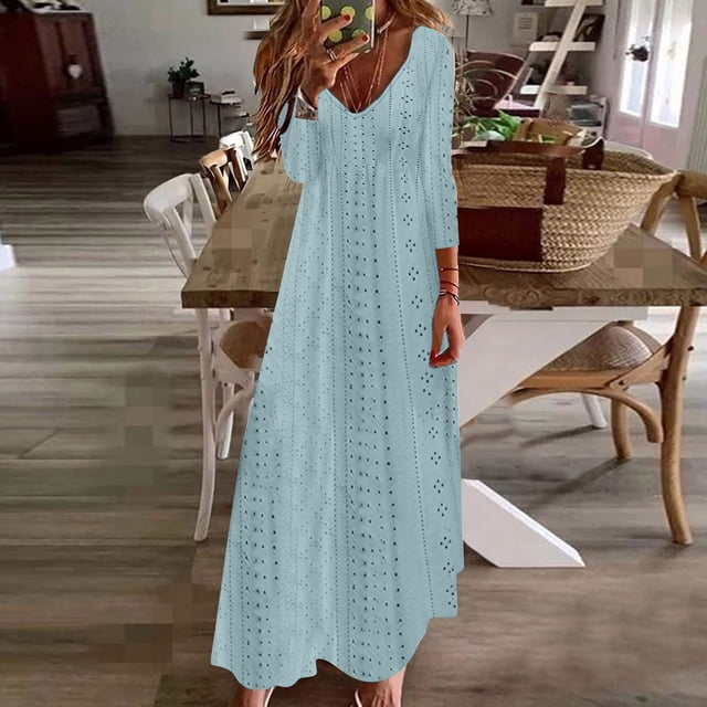 50 % de Rabais! Robes Mignonnes, Style Décontracté de Vacances pour Femmes, Robe Longue Ajourée, Couleur Unie, Manches 3/4, Col en V, Bleu Clair, P