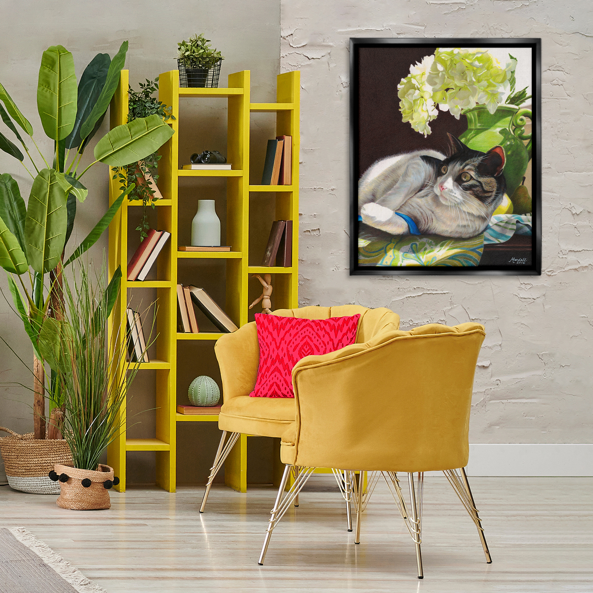 Stupell Industries Cat & Blue Ribbon Animals & Insects Painting Black Floater Framed Canvas Art Print Wall Art, 25 x 31
