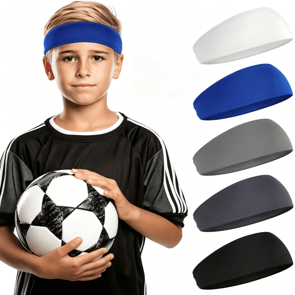 TUWAFE 5Pcs Boys Headband,Soccer Headbands for Boys,Sports Headbands for Kids Boy Headbanded for Sport,Kids Sweatbands Breathable Headband for Sports Running Exercise Football