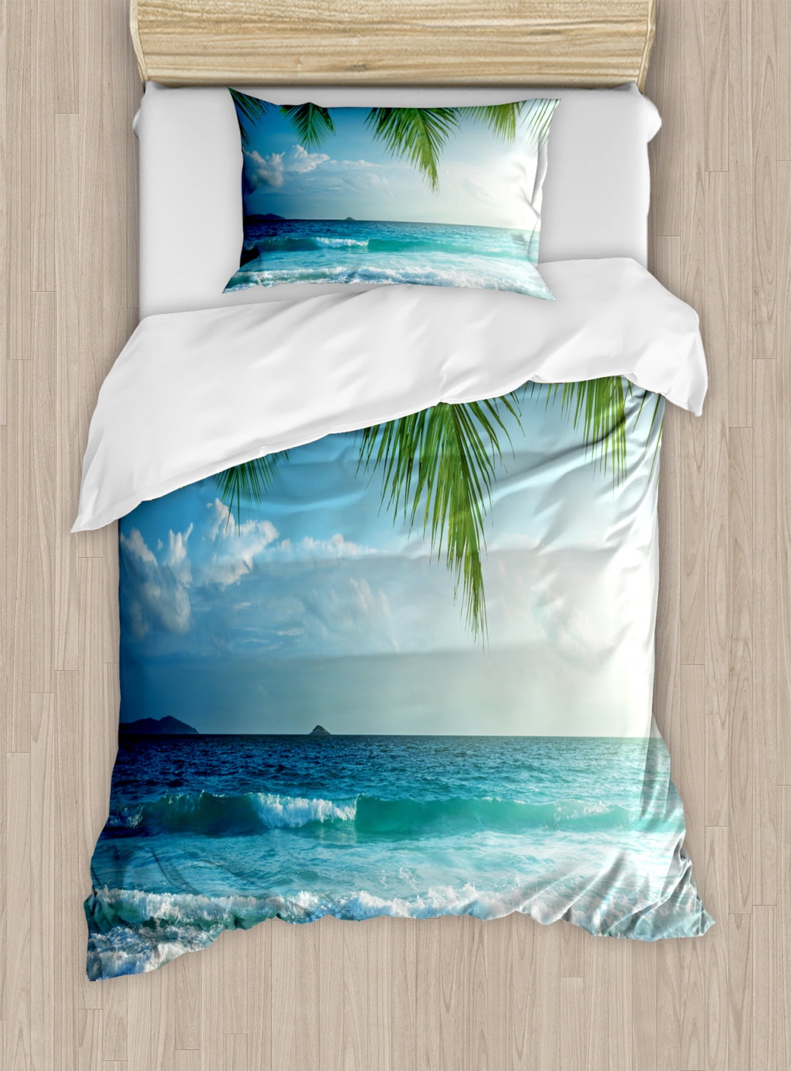 Beach Bedding Ocean Duvet Cover Twin Cloud Hawaiian Palm Tree Waves Comforter Cover Tropical Island and Sea Beach Nature Theme Print bedding Blue,Zipper Decorative Bedding Set with 1 Pillow Sham