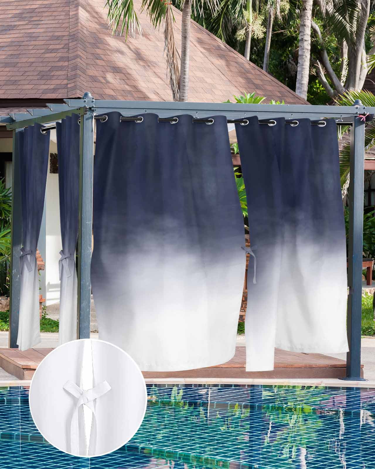 Ombre Blue Outdoor Curtains for Patio, Abstract Modern Geometric Gradient Privacy Drapes Grommet Waterproof Outside Curtains for Porch/Cabana/Balcony 54"x 108", 2 Panel
