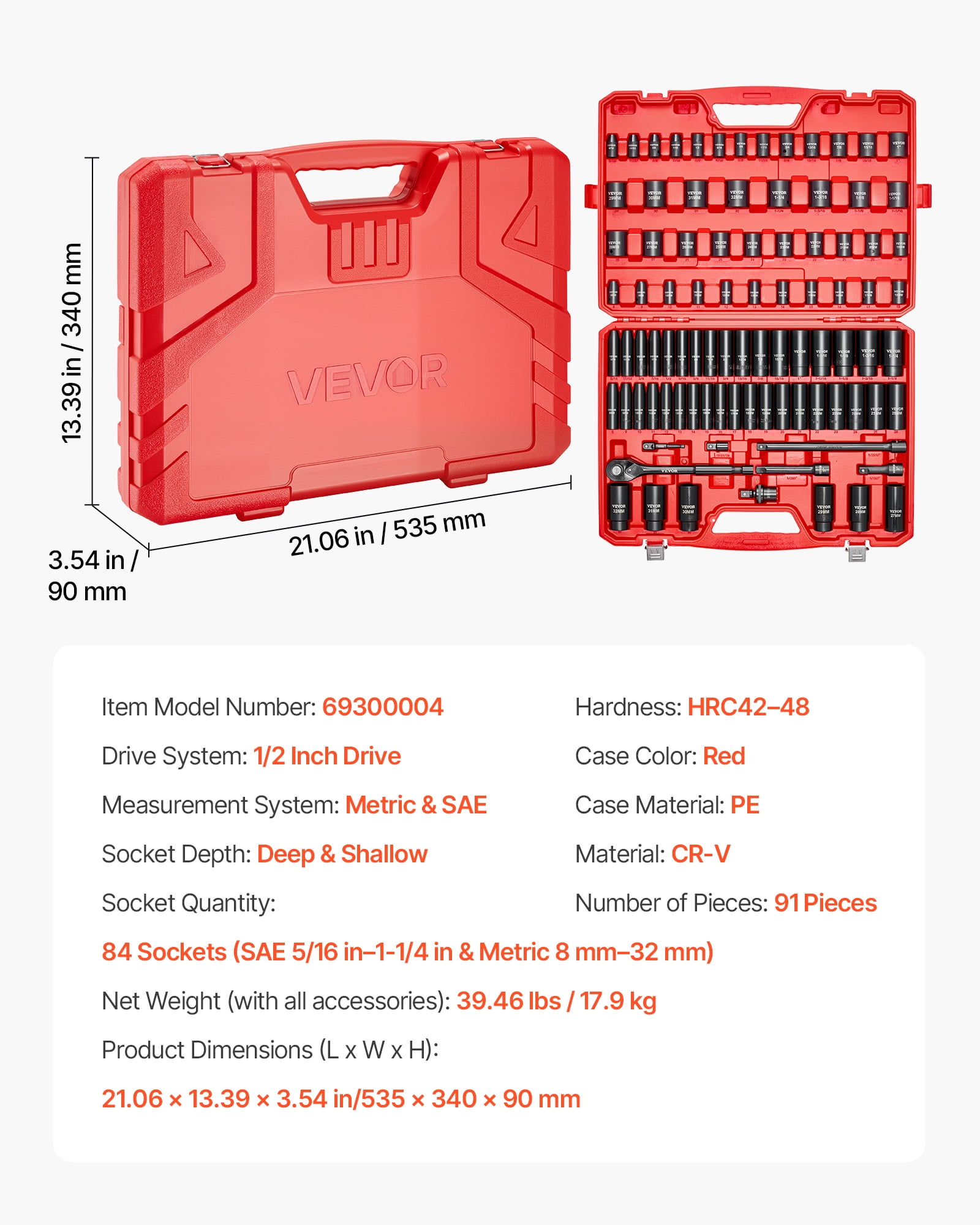 VEVOR 1/2 in Drive Impact Socket Set, 91 Piece, 6 Point Deep & Shallow Impact Sockets, SAE (5/16 to 1-1/4 in) and Metric (8 to 32 mm) Sizes with Extension Bars (3, 5, 10 in), Cr-V Steel,Carrying Case