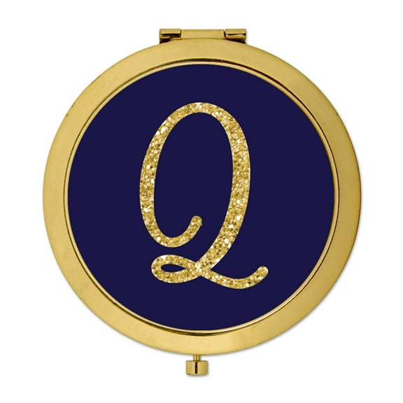 Koyal Wholesale Gold Compact Mirror Bridesmaid's Wedding Gift, Navy Blue | Faux Gold Glitter, Monogram Letter Q, 1-Pack