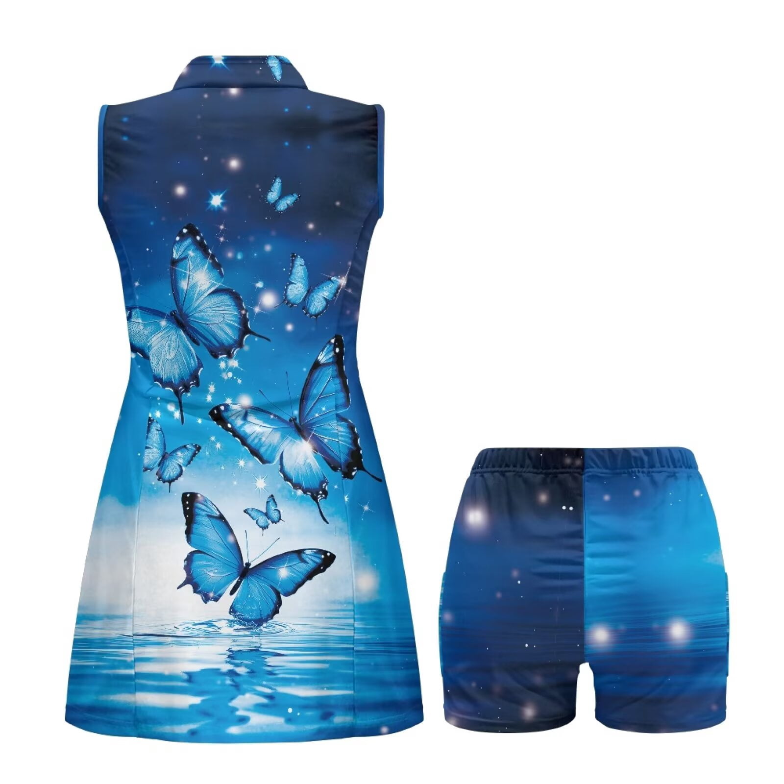 Yuyamidu Blue Butterfly Womens Golf Dress Build in Shorts with Pockets Sports Activewear Dress Sleeveless Summer Outfits Trendy Moisture Wicking Womens Athletic Clothing Sets Size XS