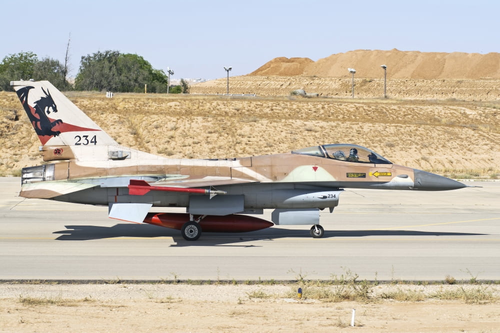 An Israeli Air Force F-16 Netz taxiing at Nevatim Air Force Base ...