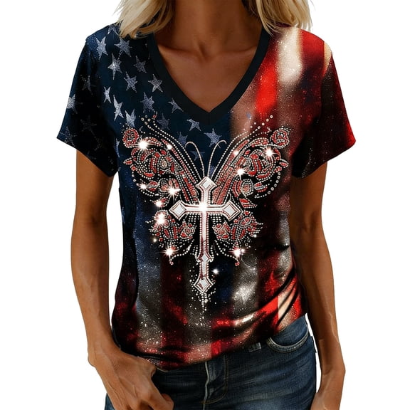 CONZONE Womens Usa 250Th Anniversary T-Shirts Short Sleeve Independence Day T Shirts for Women Casual V Neck Patriotic Usa Star Graphic Lightweight Tees Soft Cozy Dailywear