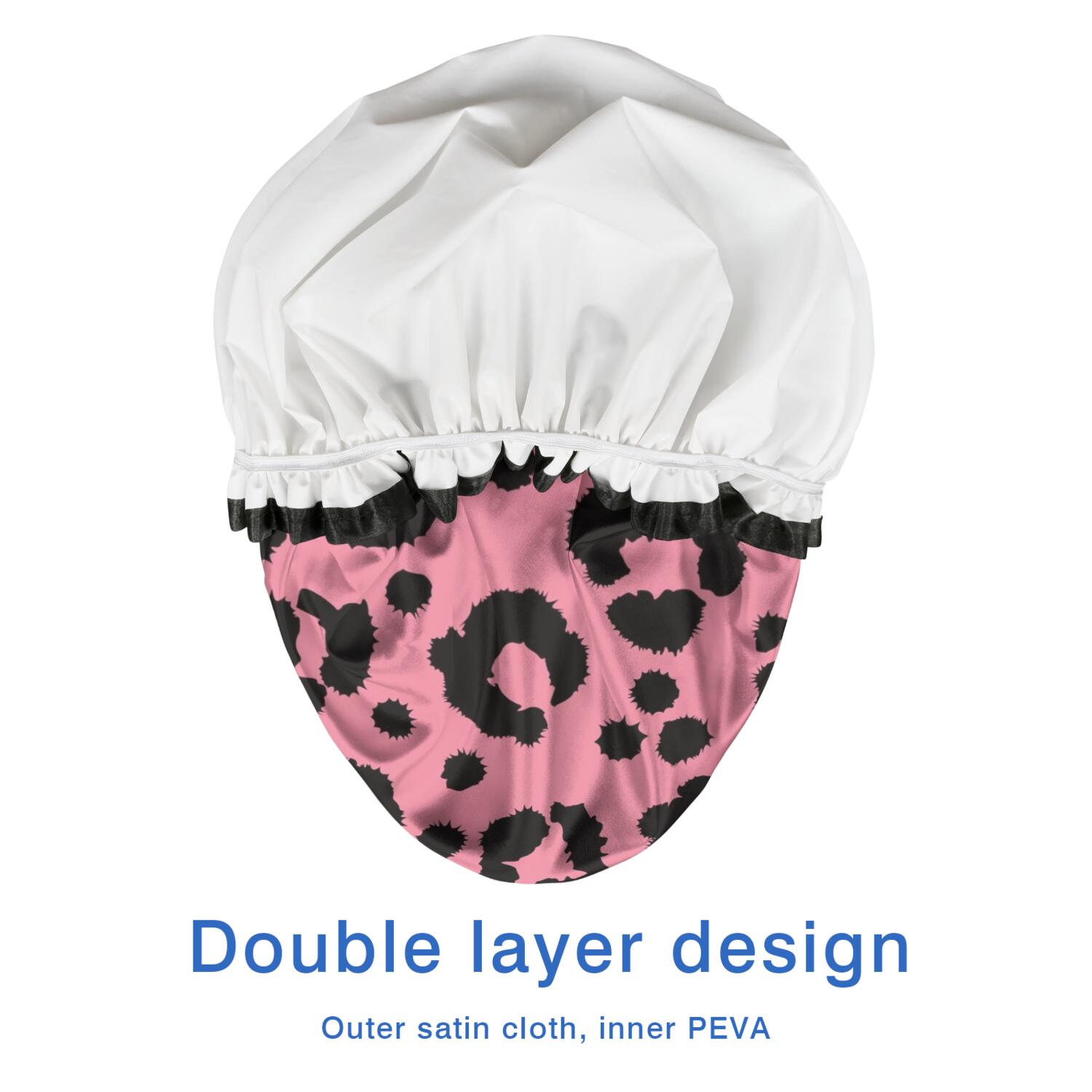Shower Caps,Pink and Black Of Leopard Print Waterproof Shower Cap for Women 4 Pieces,Double Reusable Hair Cover for Shower PEVA Elastic Stretch Hem