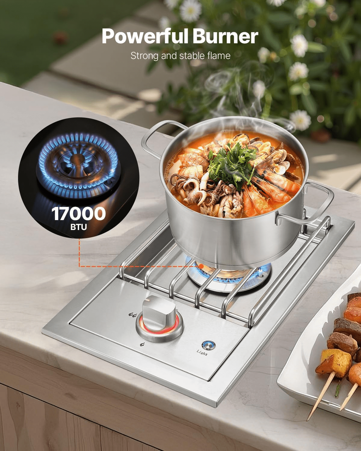 Single Grilling Side Burner, 17,000BTU Liquid Propane Side Burner for Outdoor Kitchen, Convertible to Natural Gas, 304 Stainless Steel Built-in Single Grill Burners with LED for BBQ Grill Island