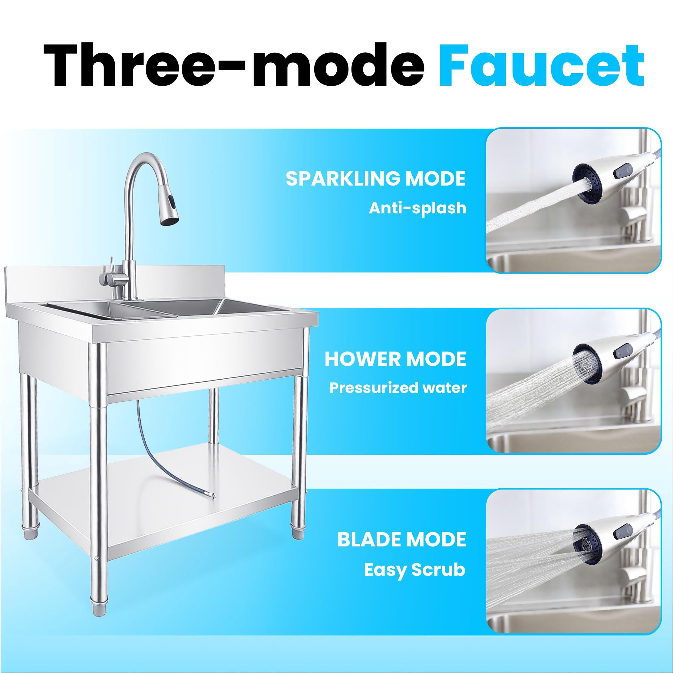 Stainless Steel Outdoor Freestanding Kitchen Sink with Cold and Hot Water Pipe and pull-out Faucet, Commercial Utility Sink, Free Standing Sink for Garden