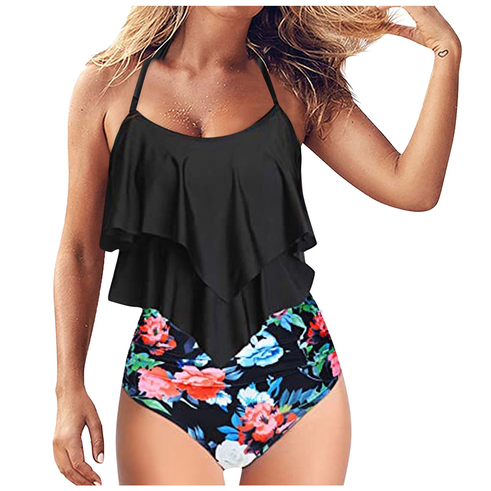 Hilor Women's Ruffled Flounce Tankini Top Flowy Layered Swimsuits Bathing Suits Tiered Swim Tops 