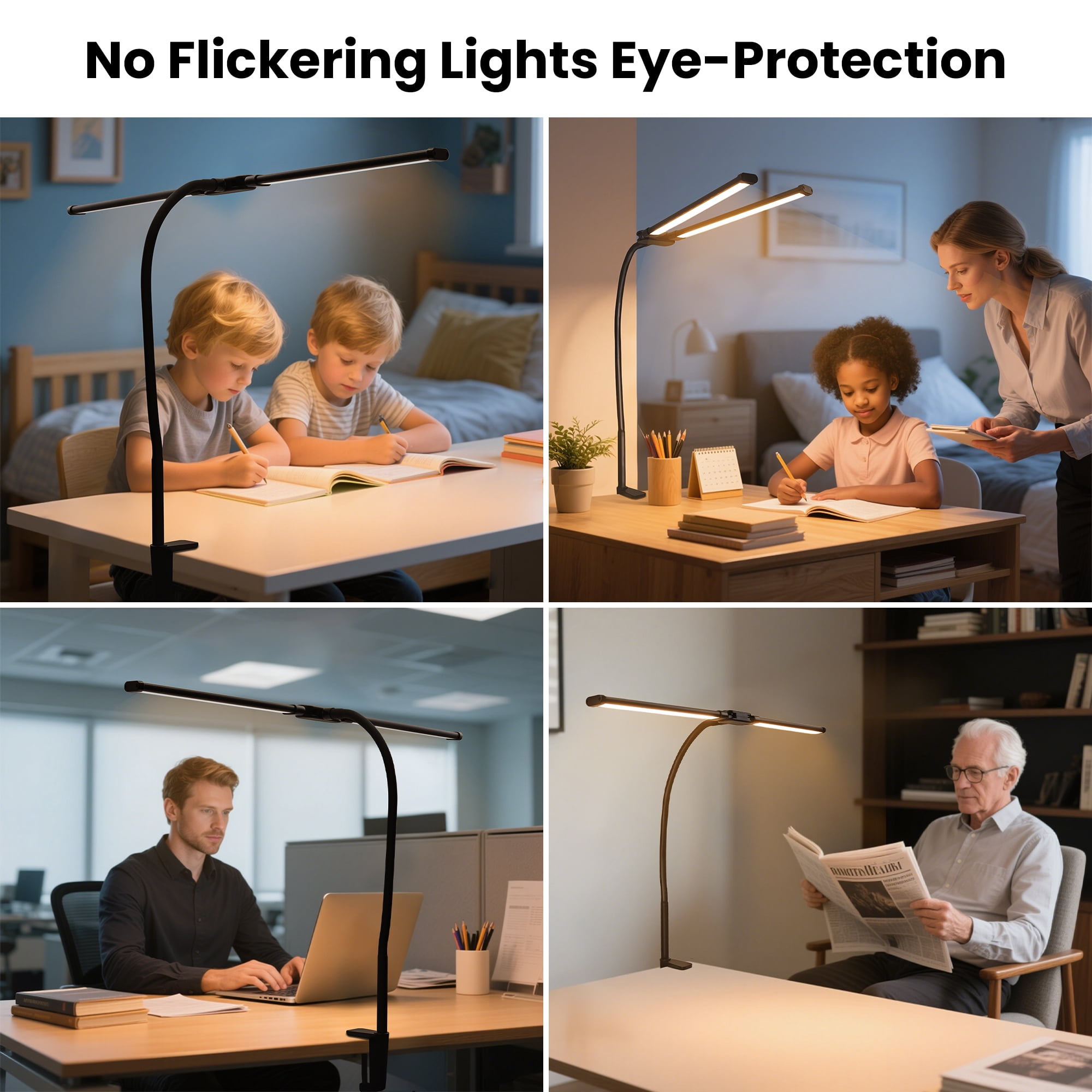 DAYBETTER LED Clip-on Desk Lamp, Double Head Reading Light, Dimmable USB Port Desk Light, 12W & 3 Color, for Home, Office,Studying