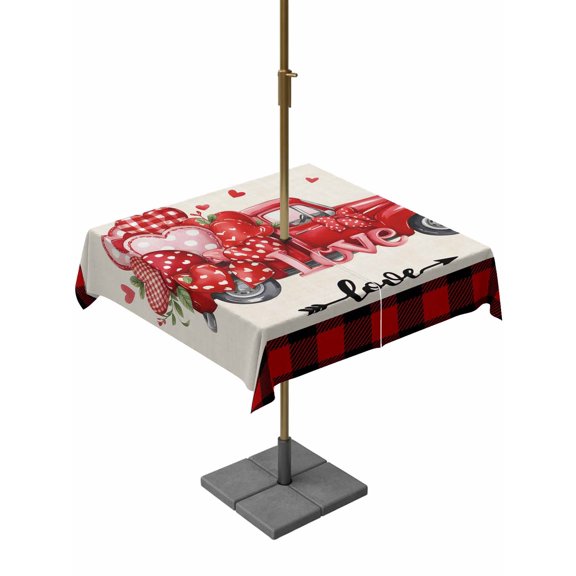 Outdoor Tablecloth with Umbrella Hole and Zipper, Valentine's Day Square Table Cloth 54x54 Inch Waterproof Tablecloth, Truck Loves Red Plaid Romantic Beige Picnic Table Cover for Patio Camping