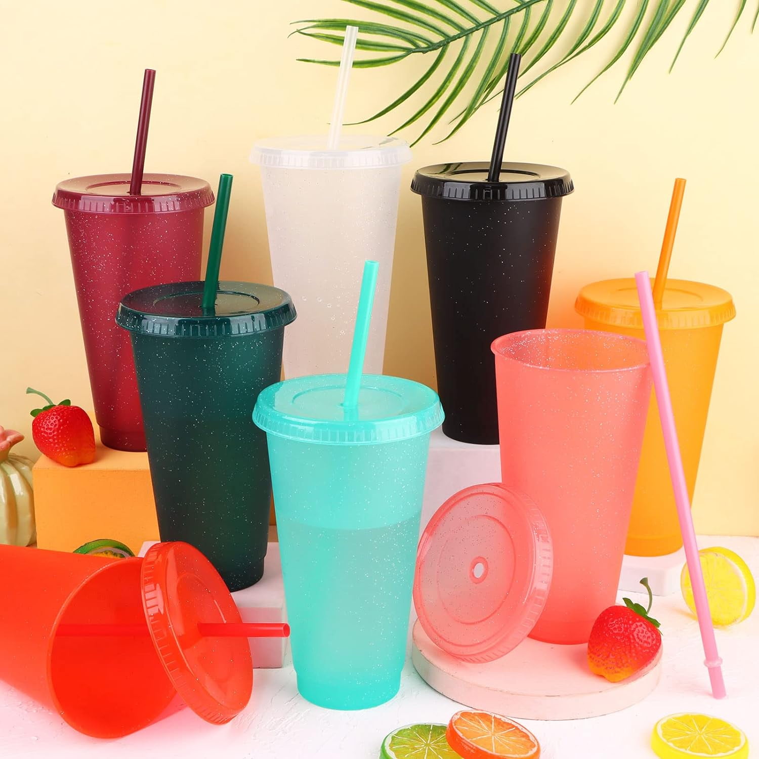 Fiesta Siesta Tequila Party Cups - Plastic Stadium Tumblers with Lids +  Straws
