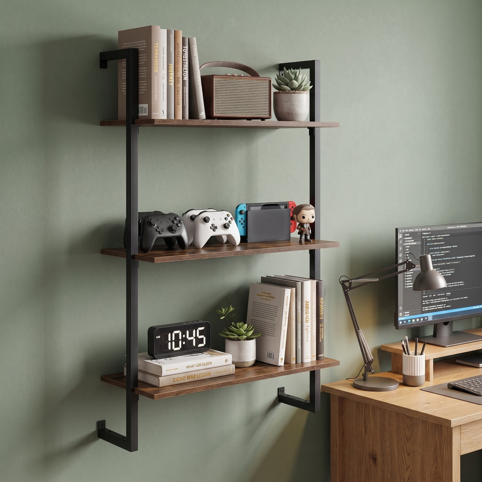 Furnibear 3-Tier Floating Wall Shelf, Modern Wood Bookcase Wall-Mounted Storage Rack for Living Room Bedroom Kitchen Home Office Bathroom, Rustic Brown and Black