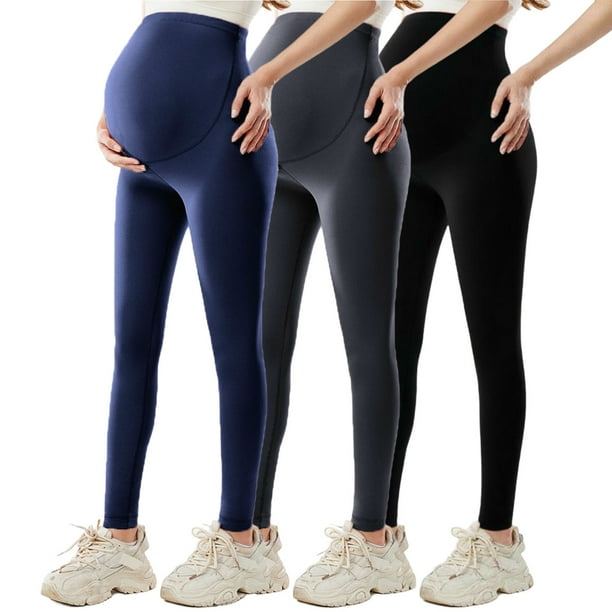 Amzcrzy 3PC Leggings premamá color liso por encima de la barriga clásicos largo completo cómodos suaves yoga ejercicio informal S-XL Negro