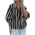 thumbnail image 3 of Wide Striped Sleeve Women Puff Sleeve Loose Blouse V-neck Casual Tops, 3 of 6