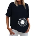 thumbnail image 1 of Chemises d'Été pour Femmes Col Rond Imprimé Coton Lin Haut Grande Taille Ourlet Irrégulier Décontracté Confortable Manches Courtes Blouse, 1 of 4