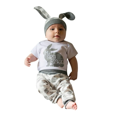 

GWAABD Girls Children s Clothing Grey Cotton Blend Baby Boys Girls Rabbit Printed Romper Bodysuit+Pants Hat Outfits 90