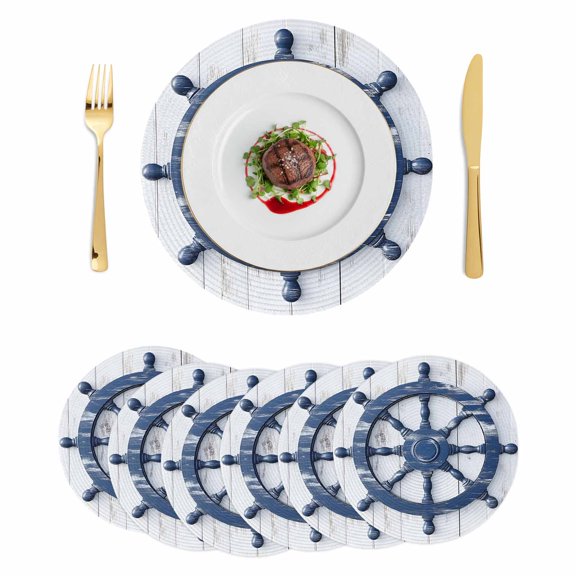 Blue Coastal Round 13 Inch Placemats Set of 6, Nautical Summer Beach Ocean HeatResistant Non Slip Place Mats for Dining Table, Wipeable Braided Kitchen Table Mats for Housewarming