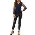 thumbnail image 2 of INSPIRE CHIC Women's Mesh Long Sleeve V Neck Ruffle Hem Peplum Top with Belt, 2 of 5