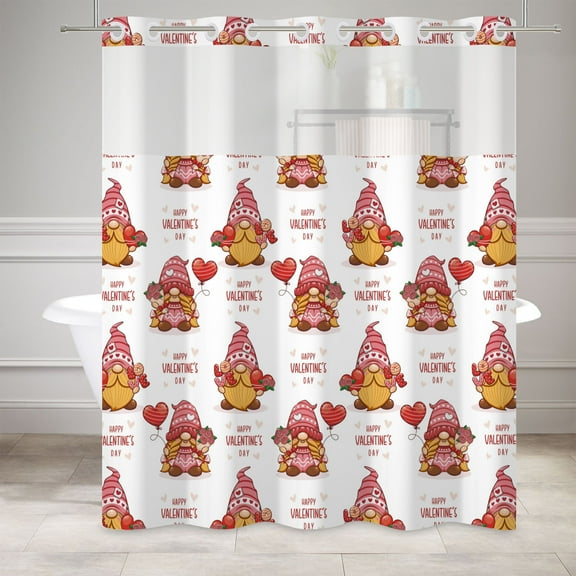 Mizhona Happy Valentine's Day No Hooks Shower Curtains with Snap in Liner Pink Yellow Gnomes Hookless Fabric Bathroom Curtain,71"× 74"