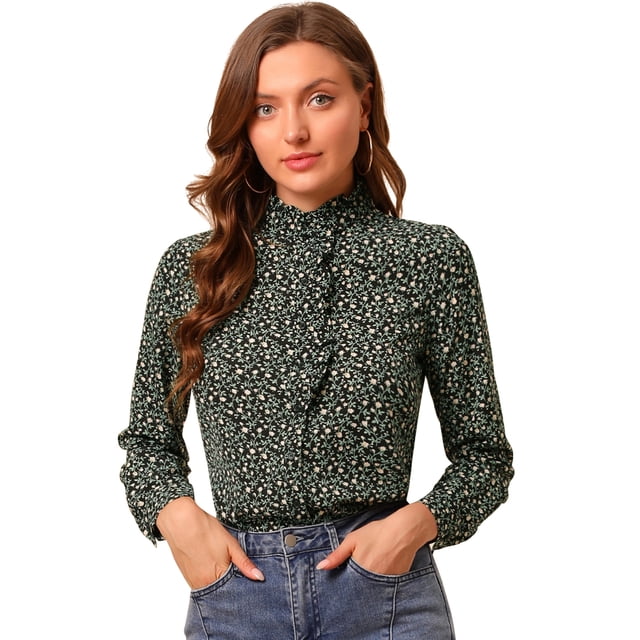 Camisa de Manga Larga Allegra K con Cuello Simulado y Volantes Botones Florales Verde Negro S