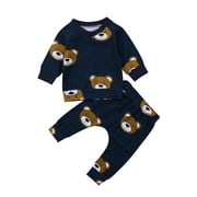 Mialoley Baby's Cartoon Bear Printed 2Pcs Suit, Pullover Sweater Top with Long Pants