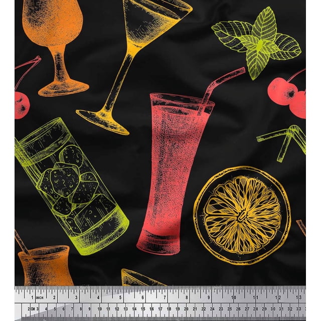 Soimoi Black Poly Georgette Fabric Lemon Slice & Soft Drinks Summer Designs Printed Fabric 1 Yard 52 Inch Wide