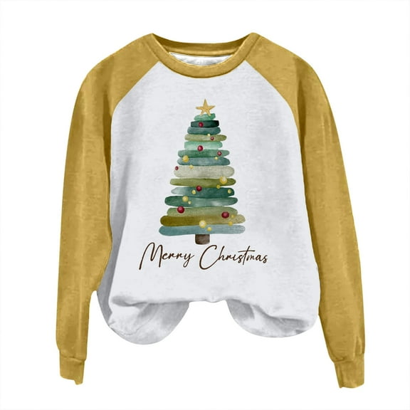 Fiaer Women Sweatshirts Christmas Plus Size Long Sleeve Pullovers Crew Neck Funny Graphic Loose Fit Casual Trendy Tops Yellow XL