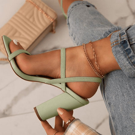 

Women s Elastic Strap Chunky High Heels Square Open Toe Slip On Sandals Solid Color Shoes