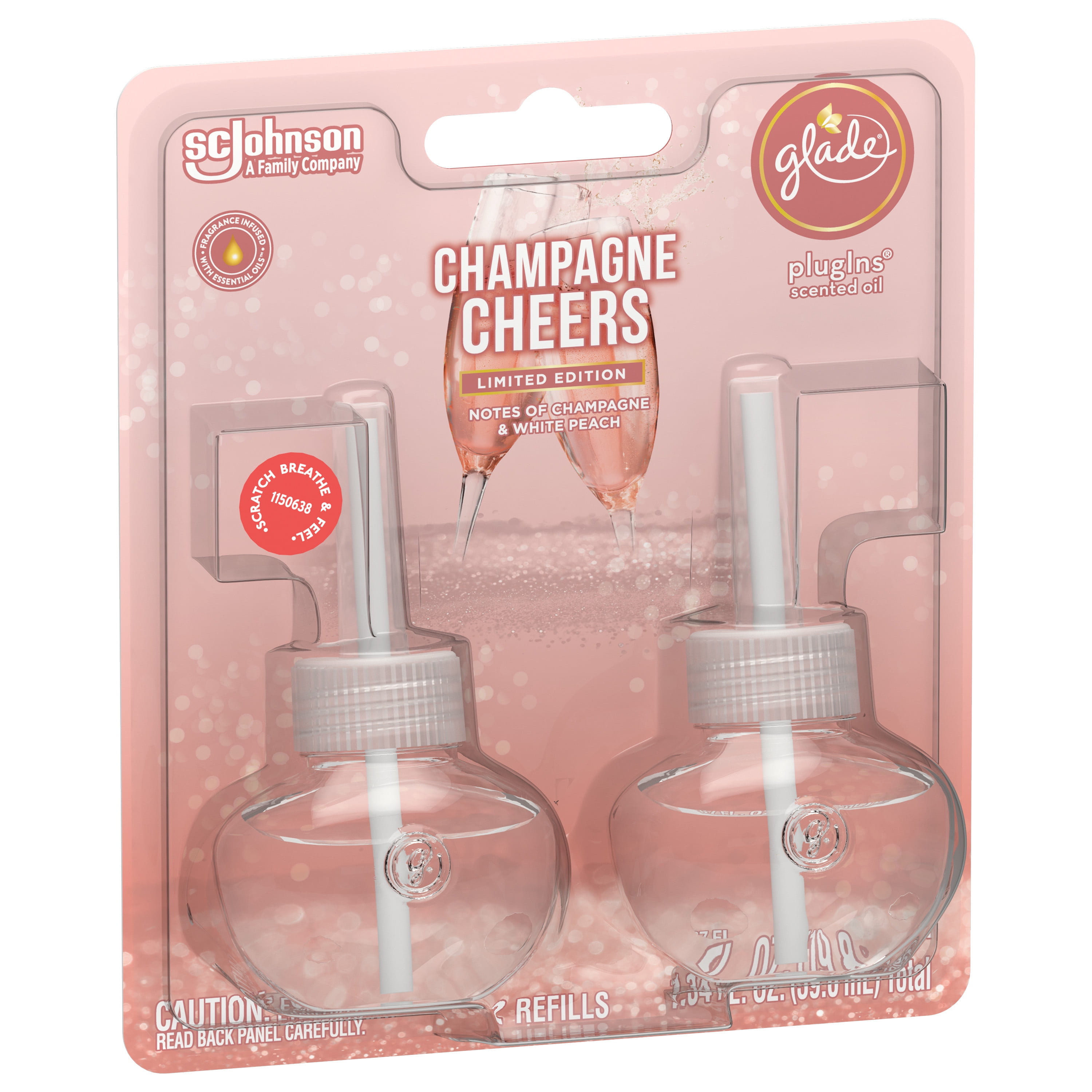 Glade PlugIns Refills Air Freshener, Scented and Essential Oils for Home and Bathroom, Champagne Cheers, 1.34 Oz, 2 Count