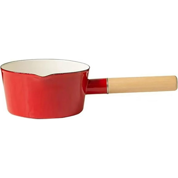 Enamel Milk Pot, Butter Warmer Non-stick Saucepan, 6 Inch 37 Oz Cookware with Wooden Handle (Red)