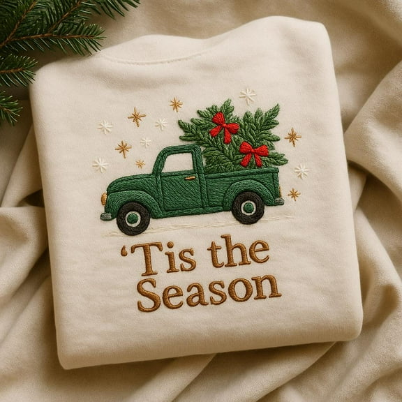 Tis the Season Embroidered Sweatshirt, Vintage Green Truck Christmas Sweater, Xmas Tree Crewneck, Holiday Road Trip Gift