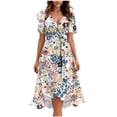 thumbnail image 2 of Smsaxvxz Dresses for Women Fashion Floral Printed V Neck Short Sleeve Bandage Pleated Knee Length Sundress Beach Summer Dresses Pink 01 2XL, 2 of 7