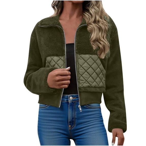 SAFUNY Women’s patchwork quilted cropped jacket with chic design stylish cozy for streetwear cool seasons Army Green L
