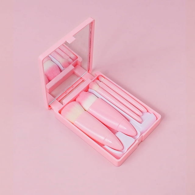 Juego de 5 pinceles de maquillaje portátiles, multifunción, sueltos, con espejo, para rubor, herramientas de belleza