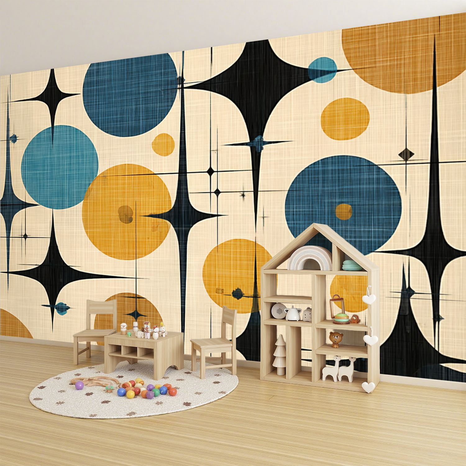 Wallpaper Mid Century Vintage 1950s Modern Retro Circular Motifs Peel and Stick Wall Murals 100"H x 144"W Removable PVC Wall Paper Self-Adhesive Wall Paintings Art Decor for Bedroom Living Room