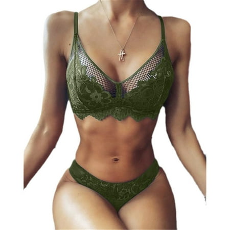 

PiePieBuy Women Lace Hollow Out Mesh Two Piece Solid Color Lingerie Sets