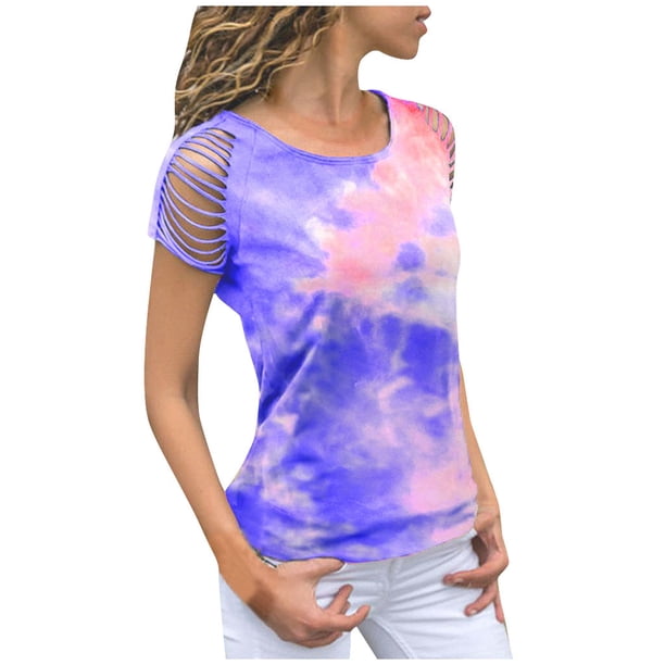 Gibobby Playera de Manga Corta Casual Suave Blusa manga corta con estampado tinte anudado suelto a la moda para mujer(Azul,M)