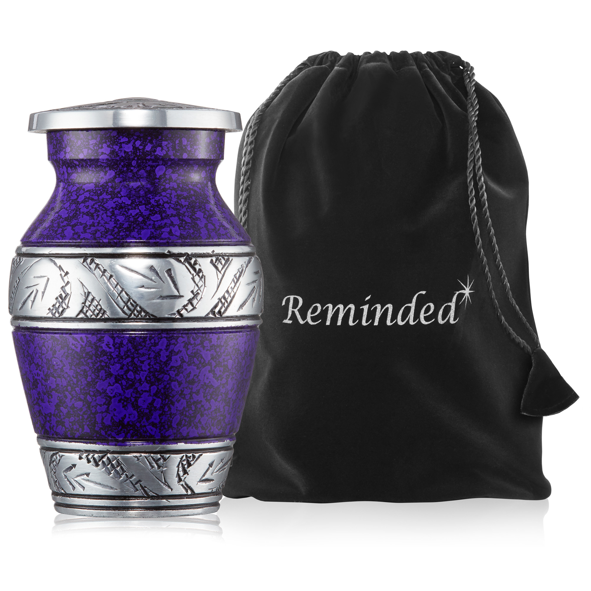 Reminded  Small Cremation Keepsake Urns for Human Ashes, Set of 4 Purple and Silver Miniature Urns with Velvet Case and Bags
