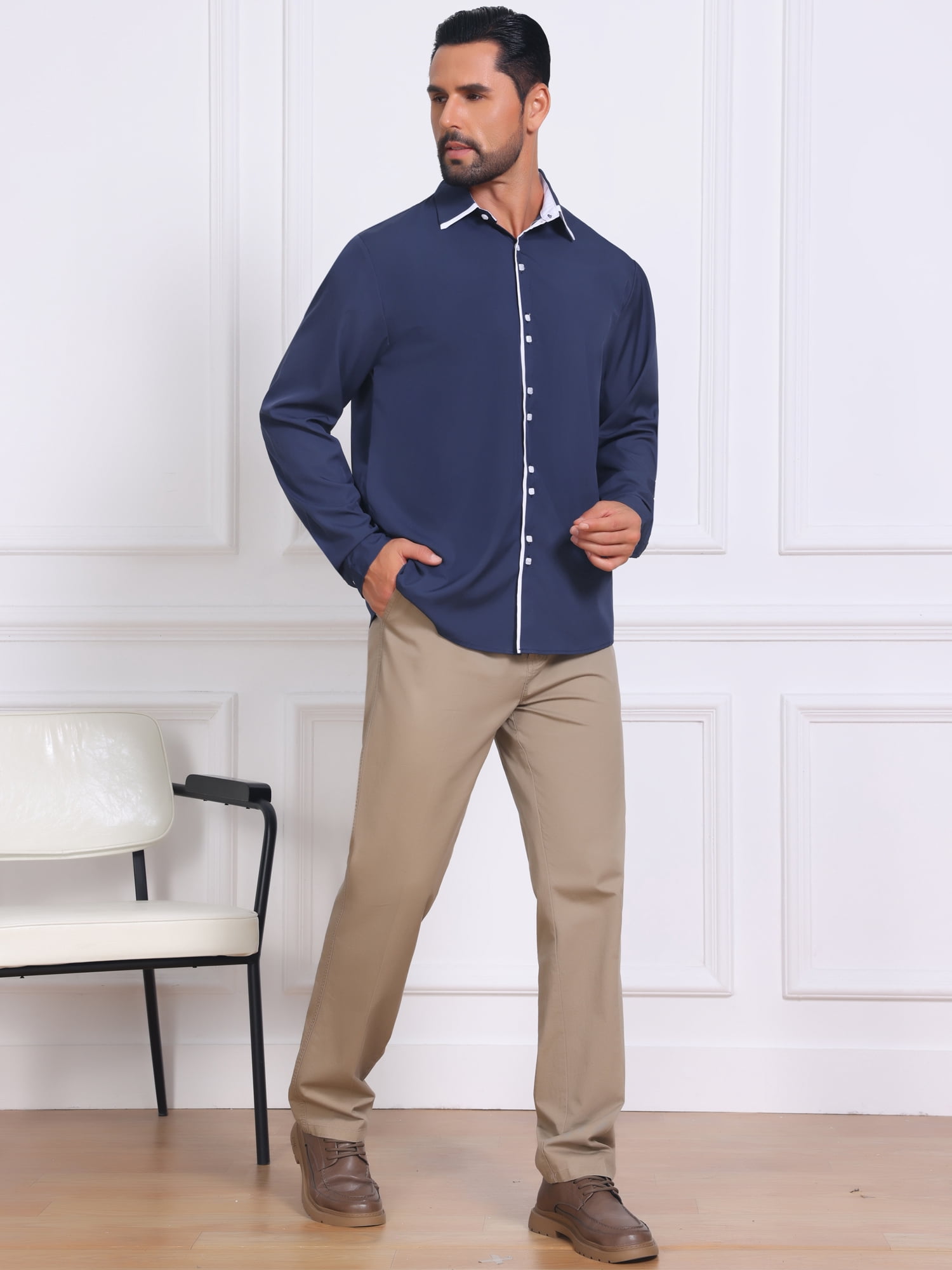 DARING DIVA Men's Contrast Trim Long Sleeve Button Down Formal Shirts 2XL Dark Blue